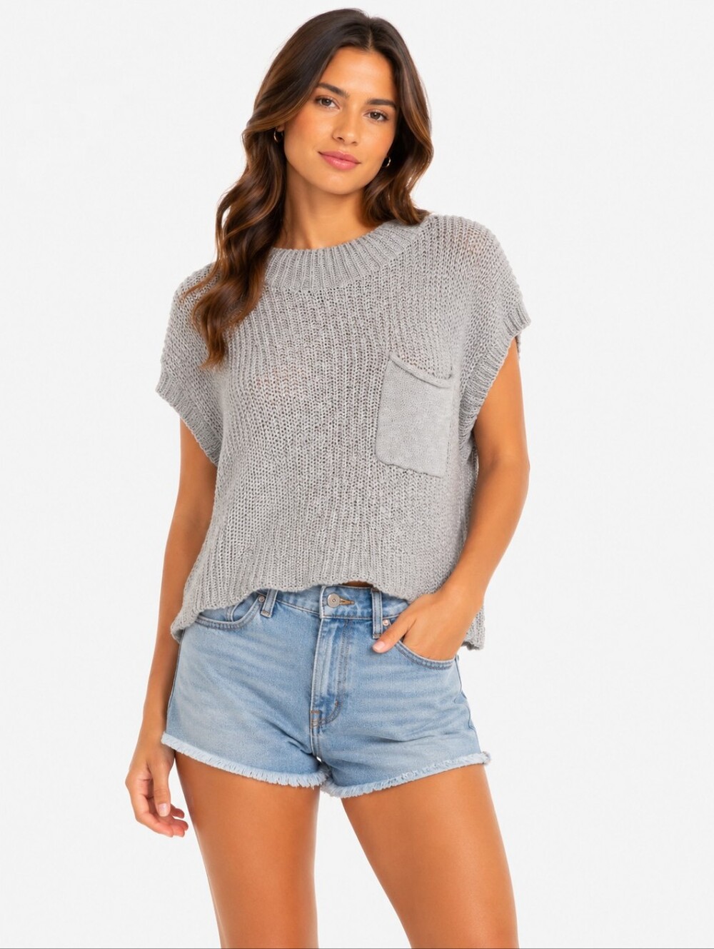 Pink Rose Gray Knit Pocket Sweater Top